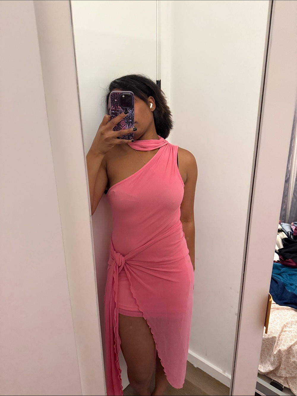 Pink One-Shoulder Wrap Dress